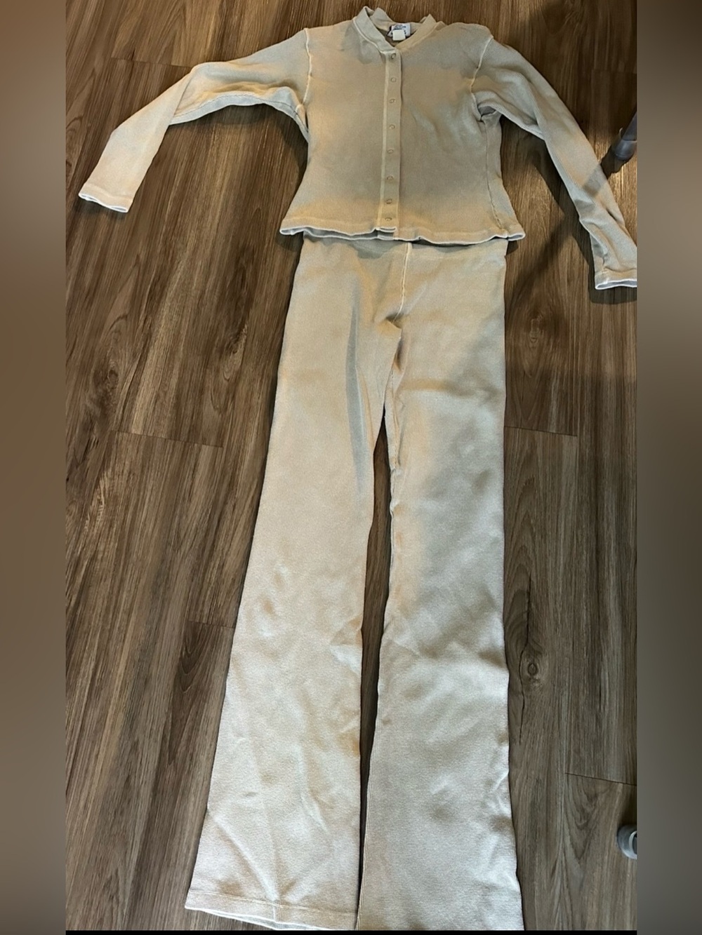 Vintage hard tail set Cream Knit Button-Front Top & Flared Pants Set
